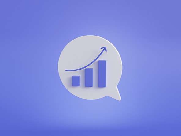 speech bubble showing bar charts and an arrow pointing upwards